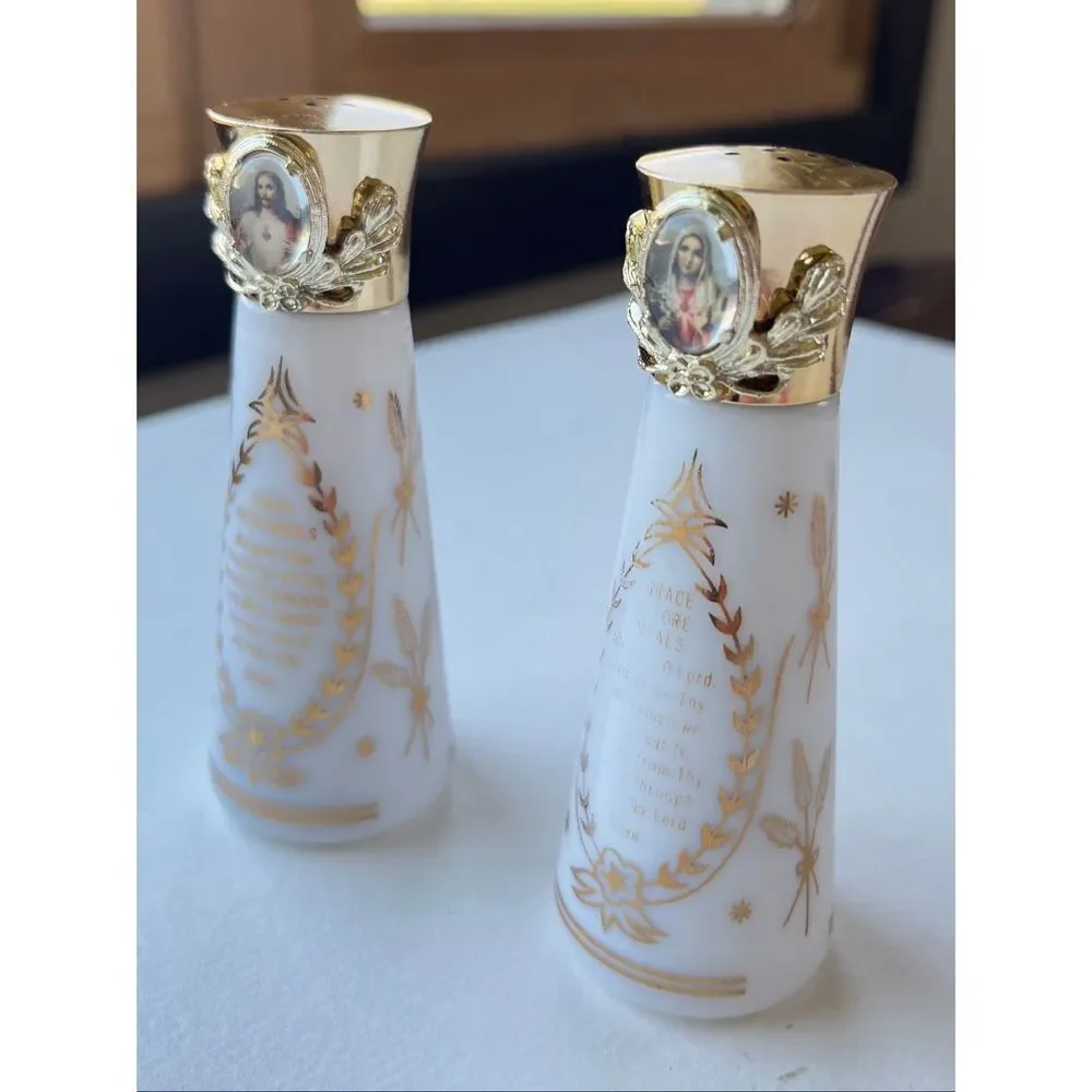 VTG Milk Glass Salt Pepper Shakers Religious Jesus Mary Gold Foil Set
